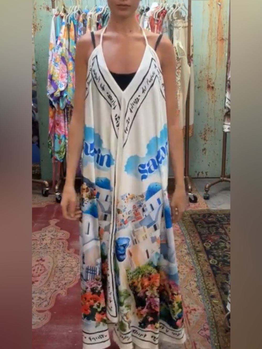 🇬🇷NWT size Small gorgeous material made in 🇮🇹Santorini print halter maxi dress